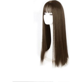 Resim Moveevo Uzun Düz Siyah Peruk Patlamalı Doğal Siyah Saç Perukları Kadınlar İçin Sentetik Isıya Dayanıklı Peruklar Kızlar İçin 