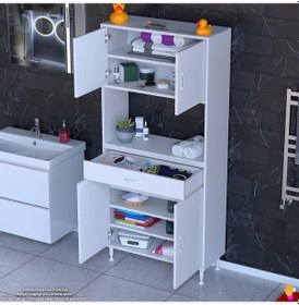 Resim Modilayn Arda Banyo Dolabı 80x173x32,5cm 1 Çekmece 4 Kapak Ve 7 Raflı İhtiyaca Uygun Kolay Kurulum Beyaz 