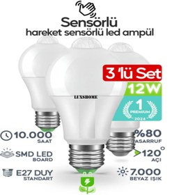 Resim Voxify Hareket Sensörlü Led Lamba 3 Adet Ampül Beyaz Işık 12w %80 Tasarruflu Otomatik Yanıp Söner 