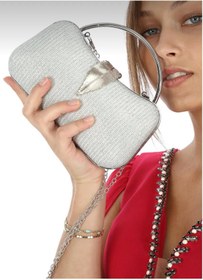 Resim melezzi Gümüş Renk Çupra Materyal Yaprak Aksesuarlı Elde ve Askılı Abiye Portfoy Clutch Gece Çantası 