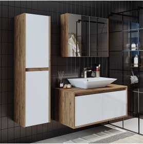 Resim ROOMART Lavabolu Ahşap Mat Beyaz Mdf 100 cm Banyo Dolabı + Aynalı Banyo Üst Dolabı + Boy Dolabı 