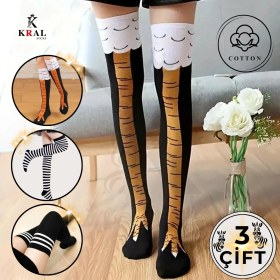 Resim Kral Socks Kadın Dizüstü Çorap (3 Çift) Diz Üstü Zebra - Siyah - Tavuk Bacağı Çorap 