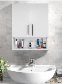 Resim Ahşap Modern 2 Kapaklı Beyaz Lavabo Üstü Raflı Banyo Dolabı Beyaz 