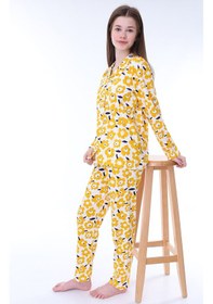 Resim Zuzunga Sarı Papatya Desenli Düğmeli %100 Pamuk Kız Çocuk Pijama Takımı Sarı 