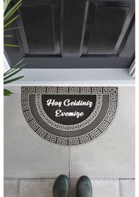 Resim Dış Kapı Önü Paspası Oval Gümüş Renk Kaymaz Taban Hoş Geldiniz Yazılı Gümüş 