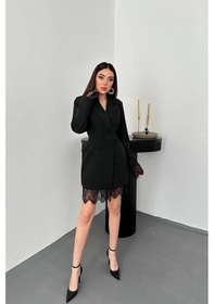 Resim Cemo Kadın Kruvaze Yaka Dantel Detaylı Blazer Elbise Siyah 