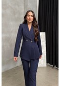Resim Kadın İkili Blazer Ceket Pantolon Takım Pile Ve Düğme Detaylı Boru Paça Lacivert 
