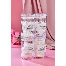 Resim Fbz Home 4'lü Şeffaf Kapaklı Akrilik Diş İpi Kulak Pamuğu Pamuk Makyaj Pamuğu Banyo Seti 250 ml 