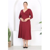 Resim Kadın Bordo Uzun Kol Kruvaze Yaka Büyük Beden Maxi Elbise Bordo 