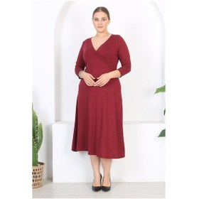 Resim Kadın Bordo Uzun Kol Kruvaze Yaka Büyük Beden Maxi Elbise Bordo 