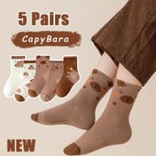 Resim 5 Çift Yeni Capybara Çocuk Çorapları Sevimli Çok Yönlü Orta Baldır Çorapları Erkek ve Kızlar İçin, Polyester 95. Spandex 5., Karikatür Desen, Tüm Mevsim Örgü Kumaş Çoraplar, Sadece Elde Yıkama 