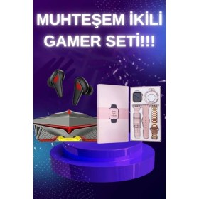 Resim Yeni Nesil Pembe Dokunmatik Ekran Akıllı Saat ve Oyuncu Kulaklığı Kablosuz Bluetooth Kulaklık 