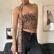 Resim Kadınların Seksi Omuz Üstü Leopar Desenli Püskül Crop Top - Kahverengi ve Siyah Çizgili Desen, Kısa Boy, Dolgusuz, Bahar/Sonbahar için Mükemmel, Günlük Kıyafet|Leopar Desenli Üst|Askısız Tasarım 