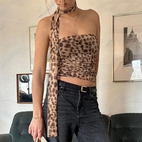 Resim Kadınların Seksi Omuz Üstü Leopar Desenli Püskül Crop Top - Kahverengi ve Siyah Çizgili Desen, Kısa Boy, Dolgusuz, Bahar/Sonbahar için Mükemmel, Günlük Kıyafet|Leopar Desenli Üst|Askısız Tasarım 