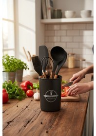 Resim Elegant 5 Parça Silikon Servis Seti Takımı Siyah Kaşıklık Standlı Siyah 