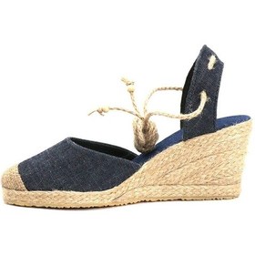 Resim Star Tombis Gerçek Elişi Topuğu Açık Bilekten Bağlamalı Bej Dolgu Topuk Keten Hasır Espadril Handmade Mavi 