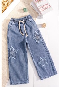 Resim Babymod Yıldız Detaylı Beli Lastik Belli Bol Paca Denim Kız Çocuk Pantolon Mavi 