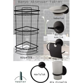 Resim Tesitay Banyo Duş Köşelik, Sabunluk, Fırçalık, Kağıtlık, Havluluk, Bornozluk Banyo Duş Aksesuar Takımı Siyah 