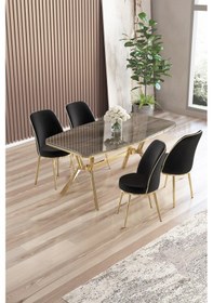 Resim Canisa Lena Serisi 90x160 Lak Panel Antrasit İroni Gold Kaplama Ayaklı Masa Takımı Ve 4 Siyah Sandalye Antrasit İroni Masa Siyah Sandalye 