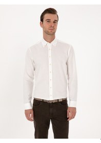 Resim Cacharel Beyaz Slim Fit %100 Pamuk Yakası Düğmeli Flanel Gömlek 