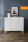 Resim mapahomeliving Panjurlu 4 Çekmeceli 1 Kapaklı Şifonyer Modern Tasarım, MDF Kapak, Beyaz Gümüş 
