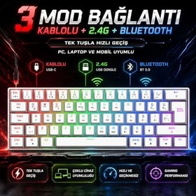 Resim Gravion Kyra MK61 RGB Mekanik Gaming Oyuncu Klavyesi,%60 Kompakt, Bluetooth & 2.4G Kablosuz + Kablolu, Huano Red Switch, Türkçe Q,Beyaz 
