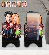 Resim Bk Gift Kişiye Özel Aile Karikatürlü Ahşap Biblo Telefon Standı-5 