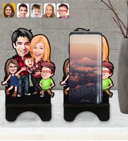 Resim Bk Gift Kişiye Özel Aile Karikatürlü Ahşap Biblo Telefon Standı-5 
