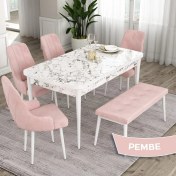 Resim Canisa Concept Eta Serisi 80 x 132 cm Açılabilir Mdf Mutfak Masa Takımı Beyaz Mermer Desen Masa 4 Sandalye ve 1 Bench 