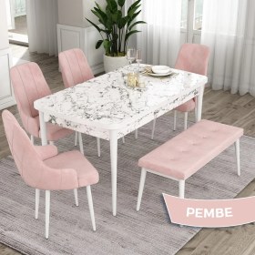 Resim Canisa Concept Eta Serisi 80 x 132 cm Açılabilir Mdf Mutfak Masa Takımı Beyaz Mermer Desen Masa 4 Sandalye ve 1 Bench 