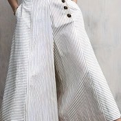 Resim Kadınlar için Günlük Çizgili Geniş Paça Pantolon - Yüksek Bel, Düğme Detaylı, Hafif Polyester, Makinede Yıkanabilir - İlkbahar/Yaz için Mükemmel 