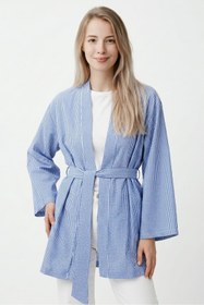 Resim Saade Mavi Kadın Dikey Çizgili Geniş Kollu Şık Yazlık Relaxed Kimono 