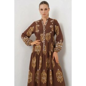 Resim Kadın Hakim Yaka Beli Büzgülü Otantik Desenli Viskon Beyaz Kahve Tesettür Elbise 