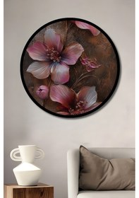 Resim 3d Çiçek Baski Görünümlü Metalik Pastel Sanat Ahşap Tablo Yuvarlak Duvar Tablosu Çerçeve Görünümlü--- 30 X 30 