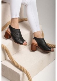 Resim Castle Black 4579 Kadın Hakiki Deri Kısa Topuklu Comfort Sandalet Siyah Siyah 