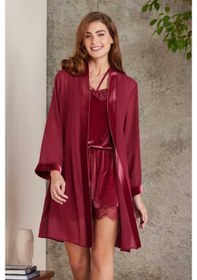 Resim Pierre Cardin Dantelli Kadife Tulum Sabahlık Takım 4800 Bordo 001 