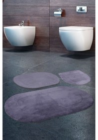 Resim Rixos Gri 3'lü Banyo Halısı Paspası Seti Kaymaz Deri Tabanlı Maki Gri 