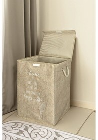 Resim Kapaklı Keçe Kirli Çamaşır Sepeti - Çok Amaçlı Saklama Kutusu Mega Hurç 55 X 41 X 30 Cm Bej 