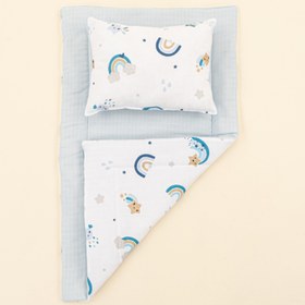 Resim Alt Açma Matı ve Yastık - Çift Taraflı - Bebe Mavisi Muslin - Mavi Gökkuşağı 