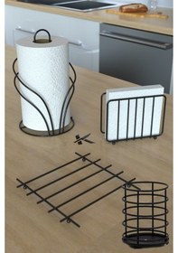 Resim Karteya 5'li Servis Sunum Seti Ekmek Sepeti Havluluk Peçetelik Nihale Kaşıklık Ekmeklik Siyah 