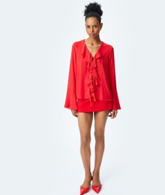 Resim Uzun Dökümlü Kollu Önden Bağlama Detaylı Fırfırlı Gömlek 