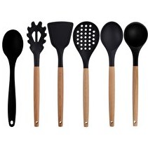 Resim Kitchen Design Lab Siyah Bambu Silikon Kepçe Kaşık Kevgir Makarna Aparatı Açılı Spatula Silikon Kaşık Seti 