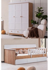 Resim Mira Çocuk Odası Takımı, Mira Yavrulu Karyola, Berlin 3 Kapaklı Dolap - Ceviz Renkli 