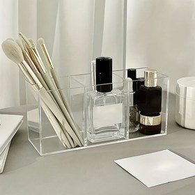 Resim Şeffaf Akrilik Kozmetik Organizatör - Ruj, Maskara, Oje için Bölmeli Çoklu Bölme Makyaj Fırça Tutucu - Hafif Taşınabilir Vanity Depolama Ünitesi, Banyo Tezgahı, Tuvalet Masası, Makyaj Vanity Masası, Tezgah Düzenleme, Şık Modern Tasarım, Dayanıklı Plastik 