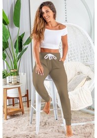 Resim Reka Moda Kadın Kısa Kollu Madonna Yaka Viskon Crop Bluz Cepli Iki Iplik Eşofman Takım Bej 