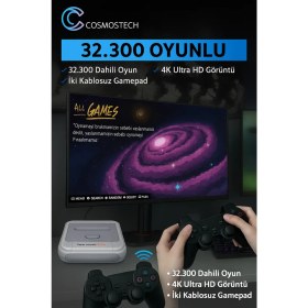 Resim Cosmostech Retro Game Console 64GB – Super Console x Pro, 32.300+ Oyunlu 4K Tv Oyun Konsolu, Çift Sistemli, Hd/av Çıkışlı, 2’li Gamepad Dahil 