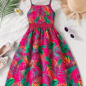 Resim Kızlar için Yaz Çiçek Desenli Midi Elbise, Kolsuz Polyester Örgü Kumaş Elastane ile, Şirin Detaylı Dar Kesim, Tatil Stili Plaj Giyim Çocuklar için 