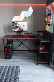 Resim Flinder Siyah Raflı Çift Yöne Uygun Oyuncu Masası, Bilgisayar Masası, Gamer Masası, Gaming Masa, L Masa 