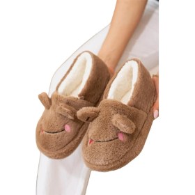 Resim Liger Kışlık Kadın Panduf Ev Ayakkabısı | Kurbağa Figürlü | Kaydırmaz Taban VİZON 