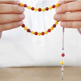 Resim Tesbihname 925 Ayar Gümüş Tilki Kuyruk Püsküllü Küre Kesim Sarı Kırmızı Jade Akik Doğaltaş Taraftar Tesbih Çok Renkli 